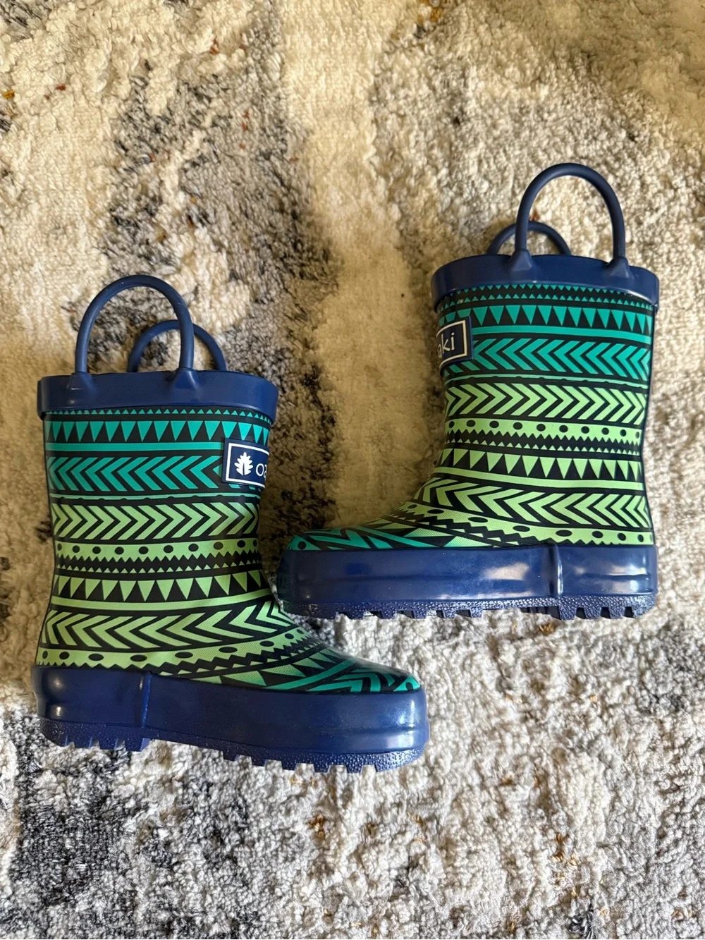 Oaki Kids Green & Teal Geometric Rain Boots with Pull Handles